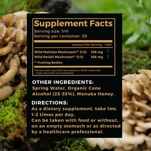 The Maitake Reishi Honey Tincture supplement facts are pictured on top of an image of wild mushrooms.