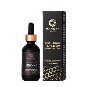 Manuka Mana's Mushroom Trilogy tincture is pictured next to its packaging. It is available individually or as a part of Manuka Mana's immunity bundle.
