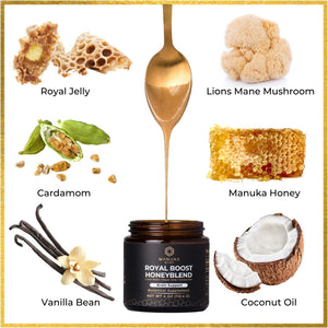 An infographic displays a jar of the Royal Boost Honeyblend surrounded by its ingredients: lion's mane mushroom, royal jelly, cardamom, manuka honey, vanilla bean, and coconut oil.