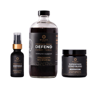 Back to School Bundle of Propolis Defend Spray, Reishi Defend Tonic, and Superfood Honeyblend.