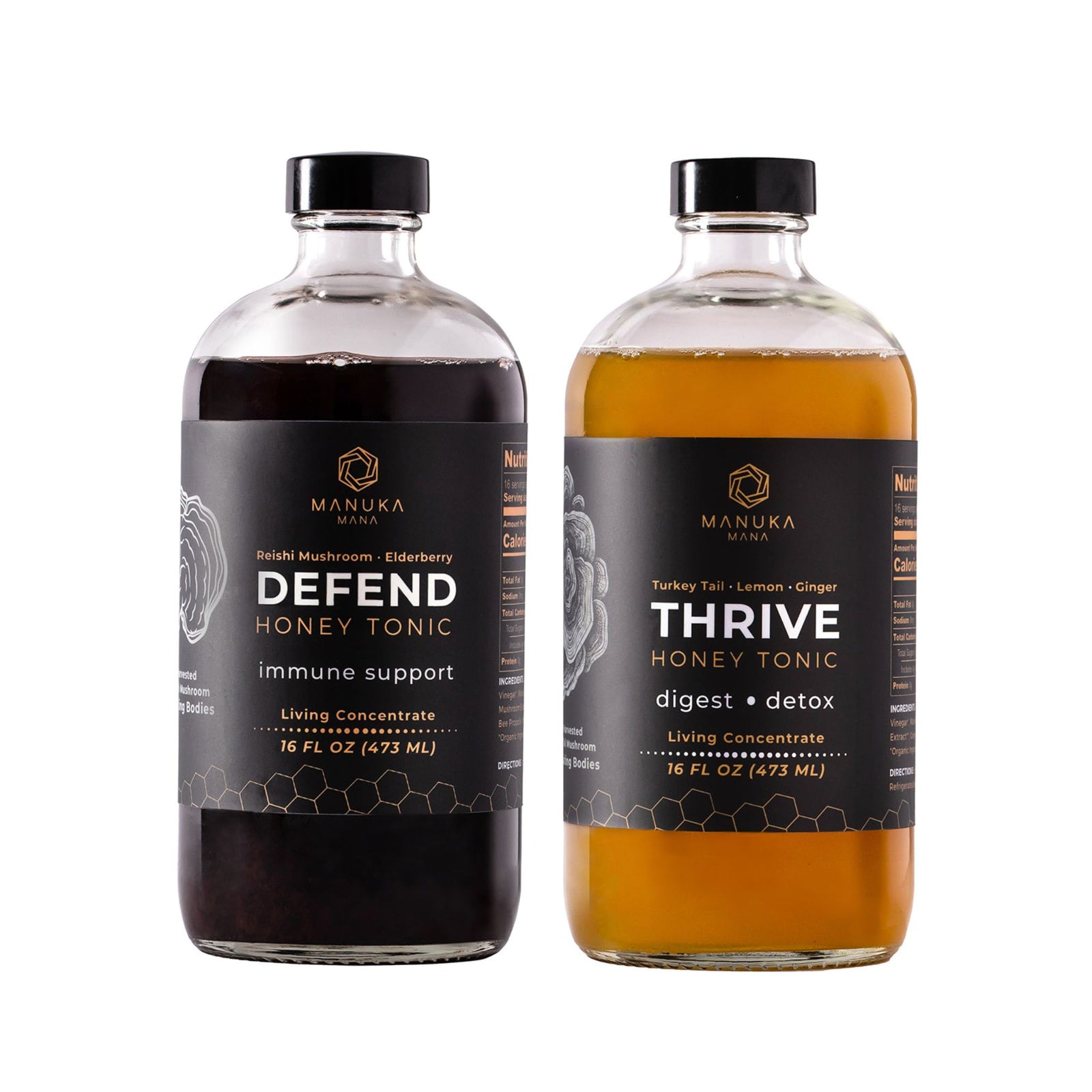 Two honey tonics pictured together: Reishi Defend and Turkey Tail Thrive.