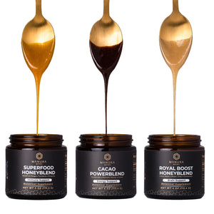 Photo of the honeyblend trio with a spoon above each one dripping the honeyblend back into the jar.