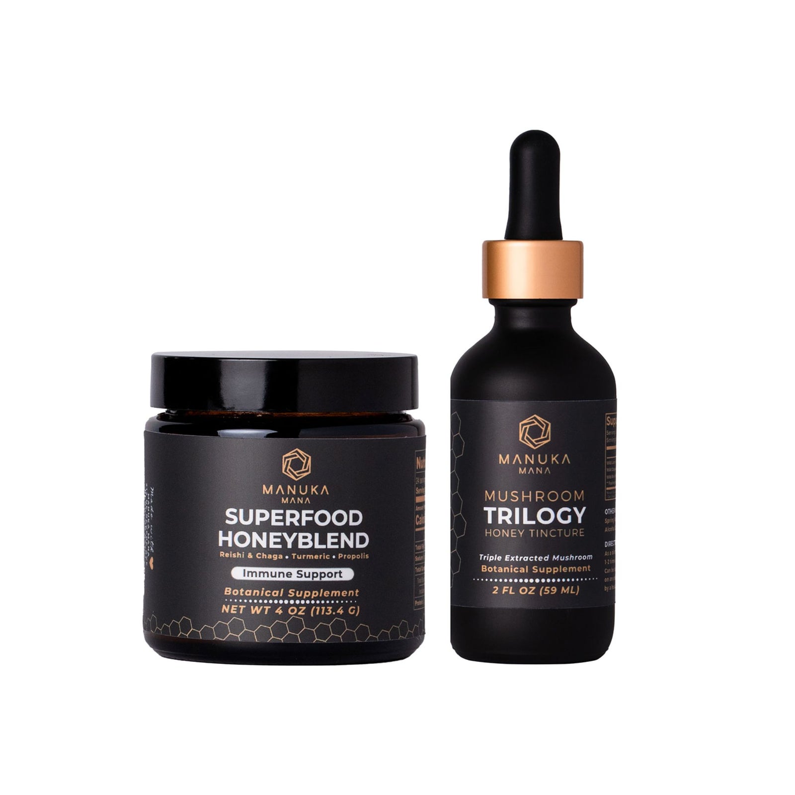 The Manuka Mana Immunity bundle of Superfood Honeyblend and Mushroom trilogy tincture is pictured on a white background.