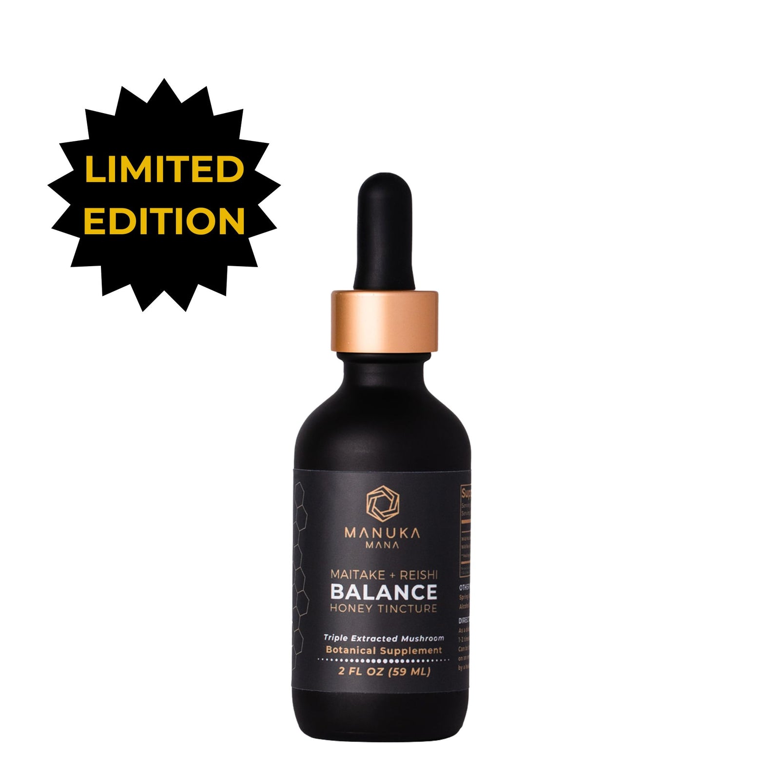 A bottle of Maitake Reishi Honey Tincture is pictured on a white background.