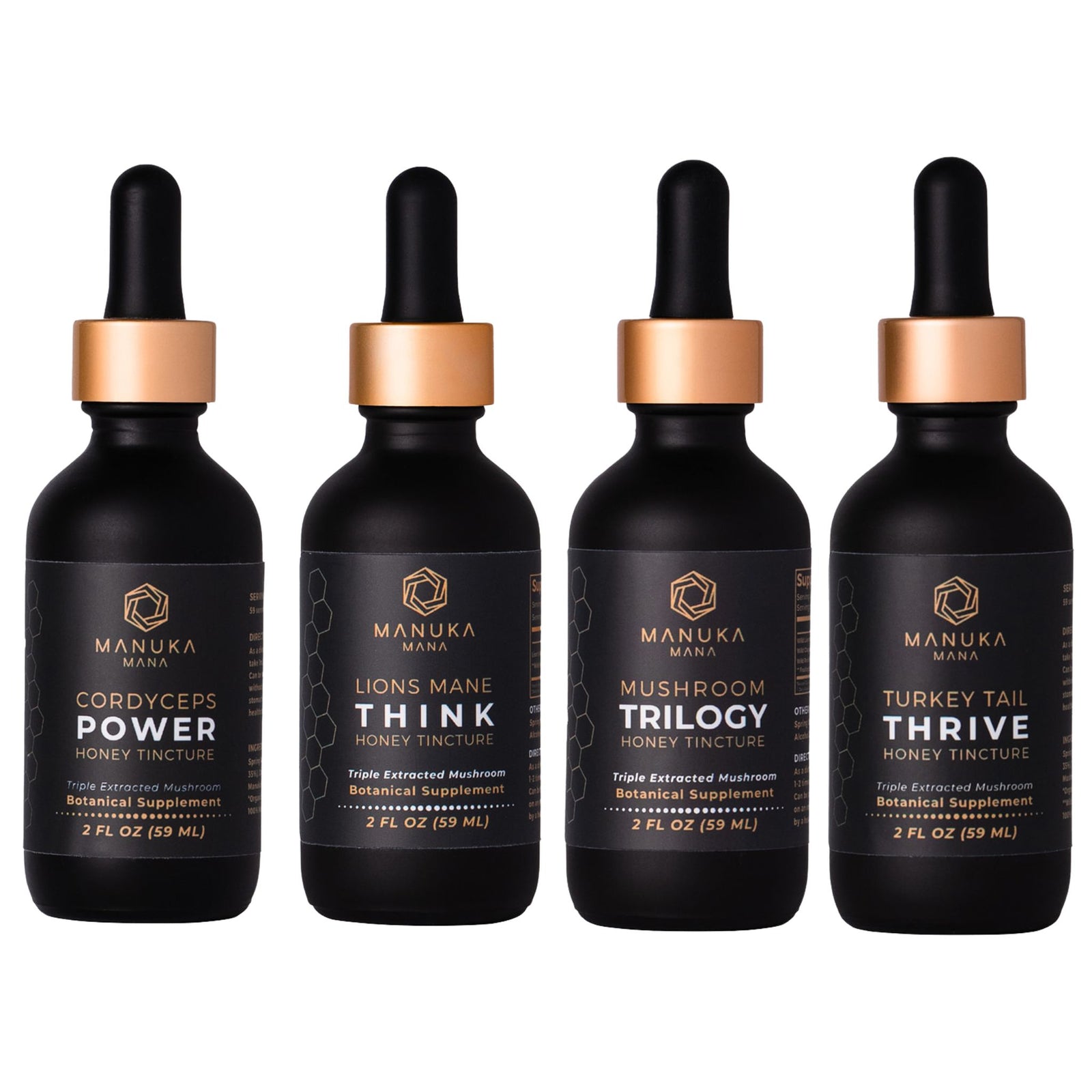 Mushroom tincture bundle is pictured on white background, including cordyceps, lion's mane, mushroom trilogy, and turkey tail tinctures. 