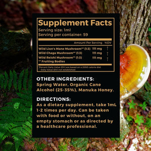 Mushroom trilogy tincture supplement facts.