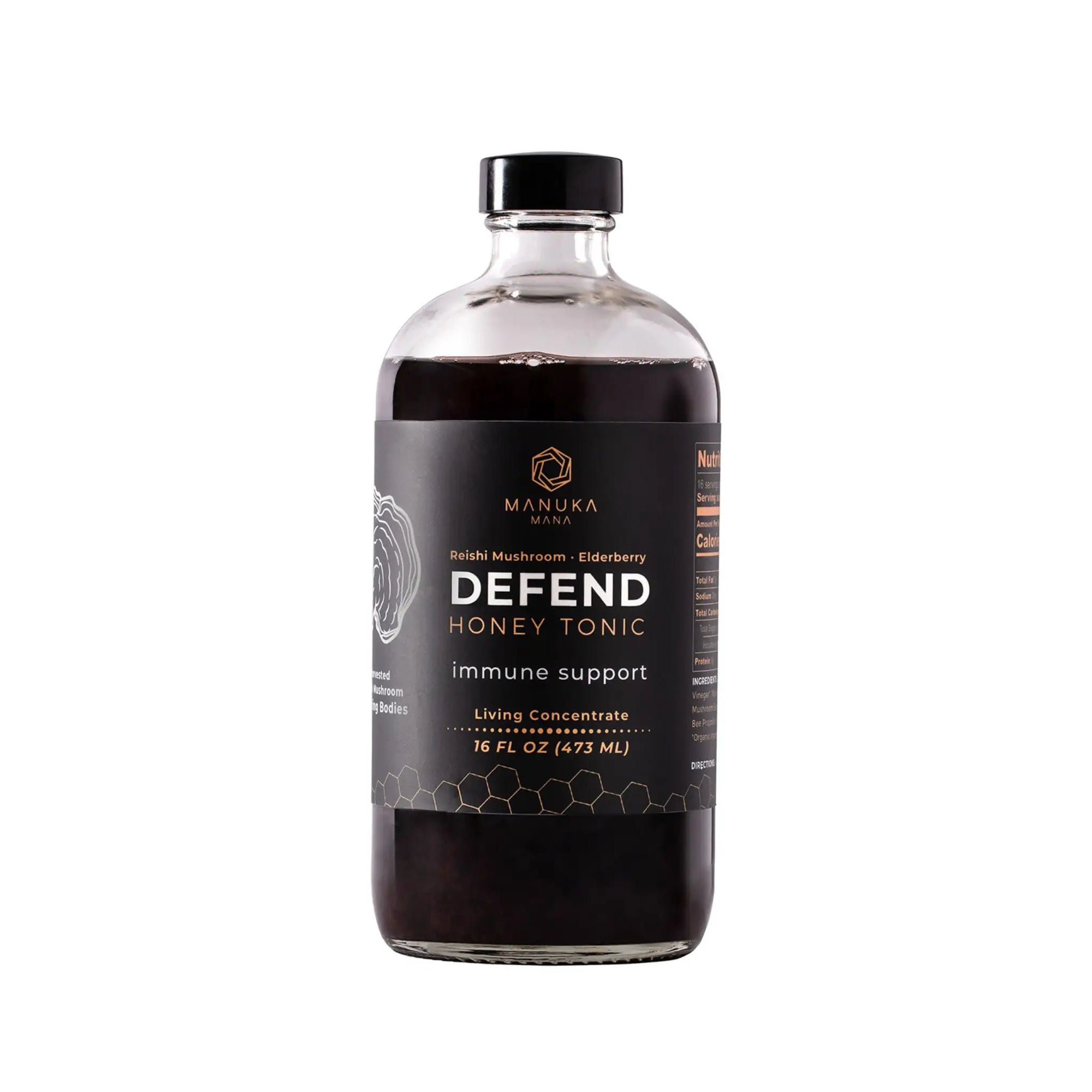 A glass bottle of DEFEND, Manuka Mana's red reishi tonic, is pictured on a white background.