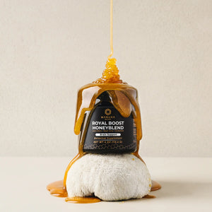 A jar of Royal Boost Honeyblend is overflowing while sitting atop a lion's mane mushroom to demonstrate one of the three products that comes with the honeyblend trio package. 