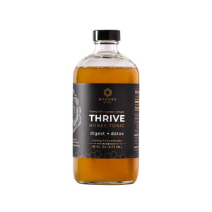 A bottle of THRIVE, Manuka Mana's turkey tail tonic, is pictured on a white background.