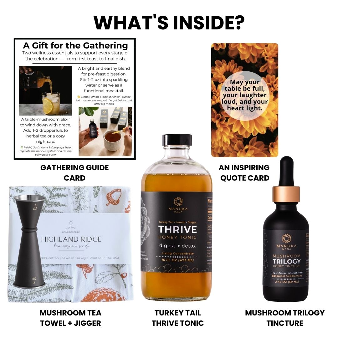 Product display with 'Thrive Honey Tonic', 'Mushroom Trilogy Tincture', 'Gathering Guide Card', and 'Inspiring Quote Card' on a white background.