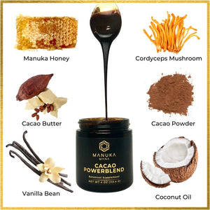 Jar of cacao powerblend surrounded by cordyceps, vanilla, coconut oil, manuka honey, cacao powder and cacao butter.