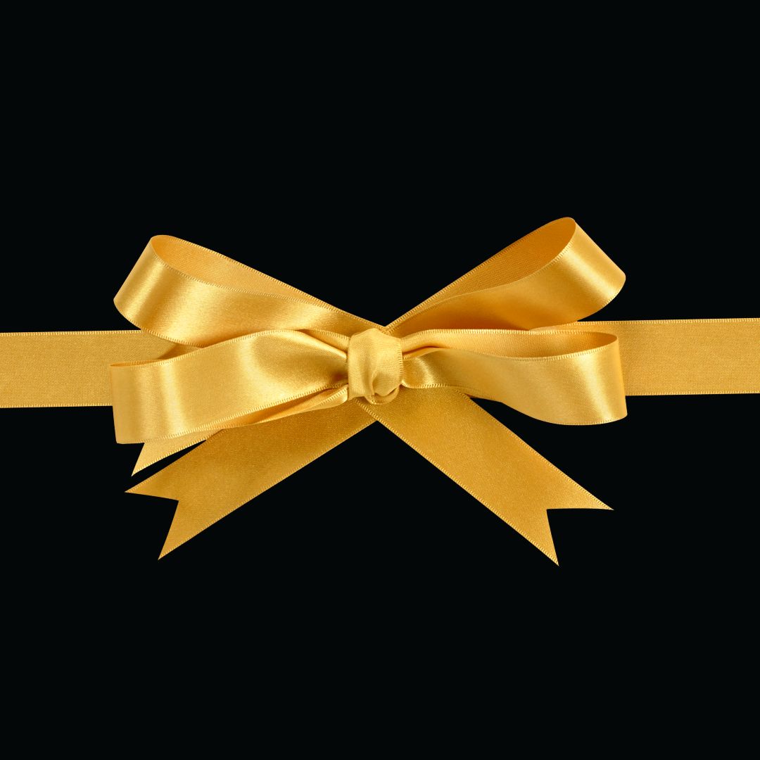 Manuka Mana gift card image of gold ribbon on black background.