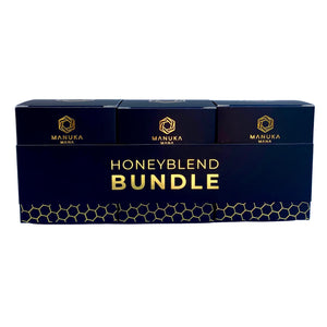 Honeyblend trio in Manuka Mana gift box on white background.