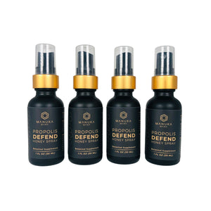 4 bottles of Propolis Defend Spray with white background. 